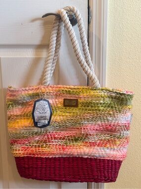 Sun N' Sand Multicolor Woven Tote with Burgundy Base and Rope Handles